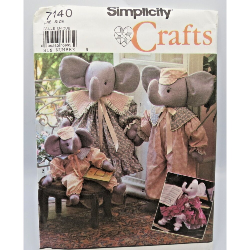 Simplicity Craft Pattern #7140 Stuffed Elephants Dolls & Clothes Uncut 1990